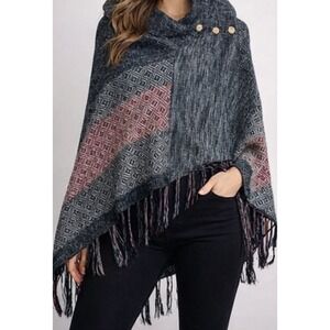 Allex & Rob Knit Poncho Wrap Fringe Colorblock Button Detail Women L‎ XL